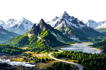 Aerial View of Majestic Mountain Landscape with Winding Road, Lush Green Forest along with Snowy Mountain, Blue Lakes, and Serene Valley under Clear Sky in Summer Isolated on Transparent Background.