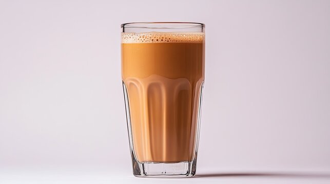 A cold Milo drink in a clear glass over white backdrop, Australia favorite malted beverage.