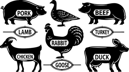 Illustration of various livestock animals including pork beef lamb turkey chicken duck goose and rabbit