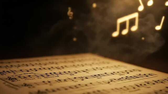 Vintage sheet music with floating musical notes