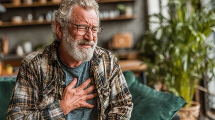 An elderly man with gray hair and a beard sits on a couch, holding his chest in discomfort. The setting is bright and filled with plants, suggesting warmth and safety.