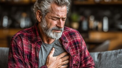 An elderly man with gray hair and a beard is seated on a couch, holding his chest in discomfort. He appears worried, surrounded by warm indoor lighting and a homey atmosphere.