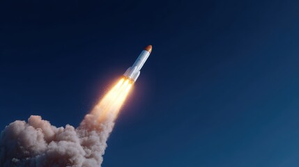 Rocket launching into deep blue sky with bright flames and smoke trail
