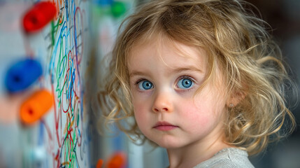 A curious young child with striking blue eyes gazes intently beside a colorful scribbled wall.