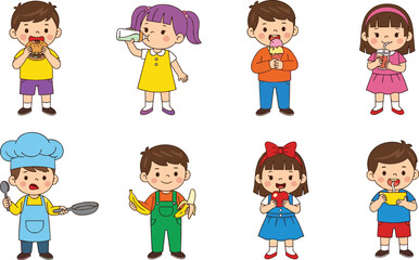  Cute Happy Diverse Kids Enjoying Snacks, Drinks, and Food Preparation, Healthy Lifestyle and Childhood Fun, Eating and Playing Together.