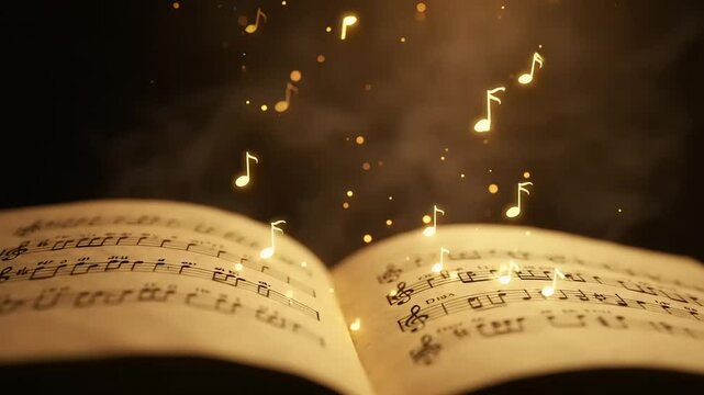 Open book of music notes with golden notes floating.