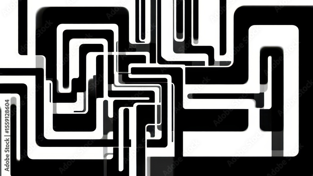 Poster abstract geometric maze: a monochromatic visual journey through a complex maze of black and gray lin