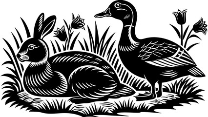 Obraz premium Illustration of a duck and a rabbit among grass and flowers in a black and white design style