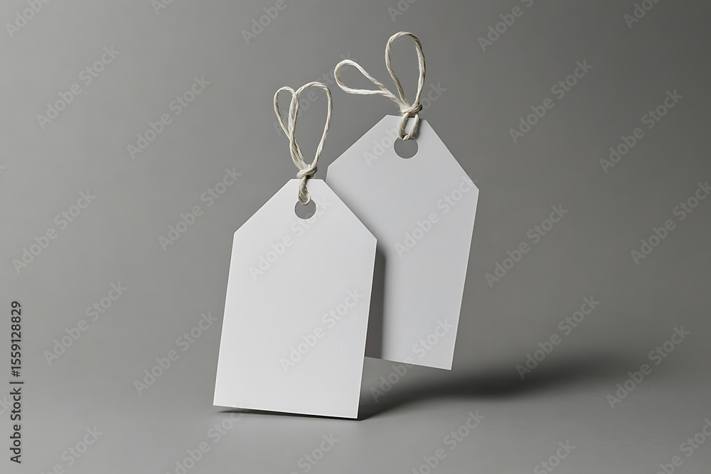Poster two white blank tags with tied string on gray background product mockup
