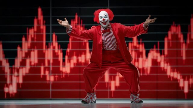 Energetic clown dancing in front of dynamic financial graph on stage