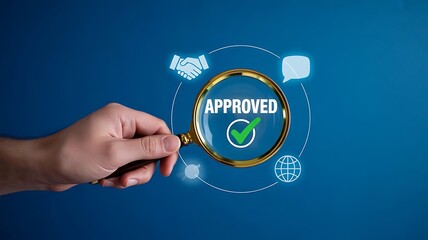 Hand holding magnifying glass over approved checkmark with business icons image