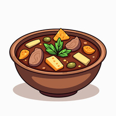 Delicious Cartoon Style Stew with Meat, Vegetables, and Herbs in a Brown Bowl Illustration
