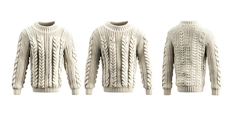 Pack Collection Cream Cable Knit Sweater Three Views for Fashion  Design set against transparent background
