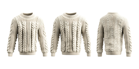 Three views of a thick cream cable knit sweater showing front, side, and back perspectives isolated on transparent background for retail.