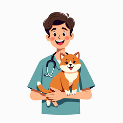 Smiling Veterinarian Holding a Cute Orange Cat in a Cartoon Style Illustration for Pet Care