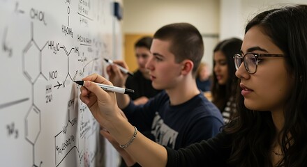 Students writing chemical formulas on whiteboard