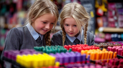 Two happy young girls in school uniforms joyfully explore a vibrant display of colorful items, sharing a moment of discovery.