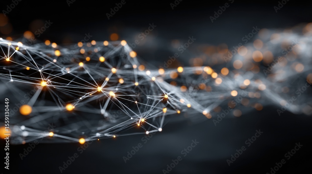 Poster vibrant network of glowing nodes and interconnected threads illustrates the concept of data transmis
