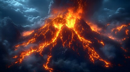 Dramatic volcanic eruption with fiery lava and billowing smoke