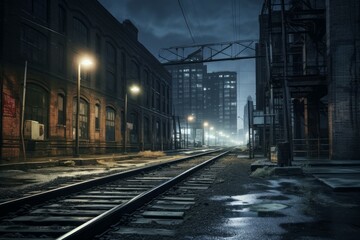 Wet railroad tracks are illuminated by street lights in a deserted, foggy urban industrial area at night