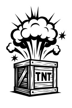 Exploding TNT Crate with Smoke Burst Vector Illustration - Dynamic Black and White Design for Danger, Impact, or Explosive Concepts