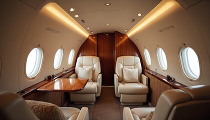 Fototapeta premium Luxurious private jet interior with plush leather seating, wood finishes. Elegant design features ambient lighting, minimalistic decor. Ideal for travel aviation comfort journey, premium lifestyle
