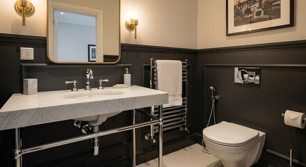 Interior of a modern bathroom featuring a marble sink, toilet, and dark paneled walls with gold accents