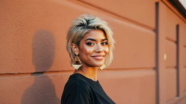 Smiling woman with short blonde hair against a terracotta wall
