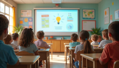 Students in classroom. Education tech concept. AI powered system enhances digital education. Analyzing student performance data with personalized learning paths. Real-time feedback improves