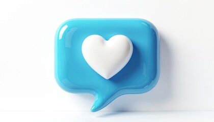 Shiny blue heart symbol in speech bubble on white background. White heart expresses love, romance concept. Valentine Day, social media like, positive feedback. Symbolizes love, dating, relationships.
