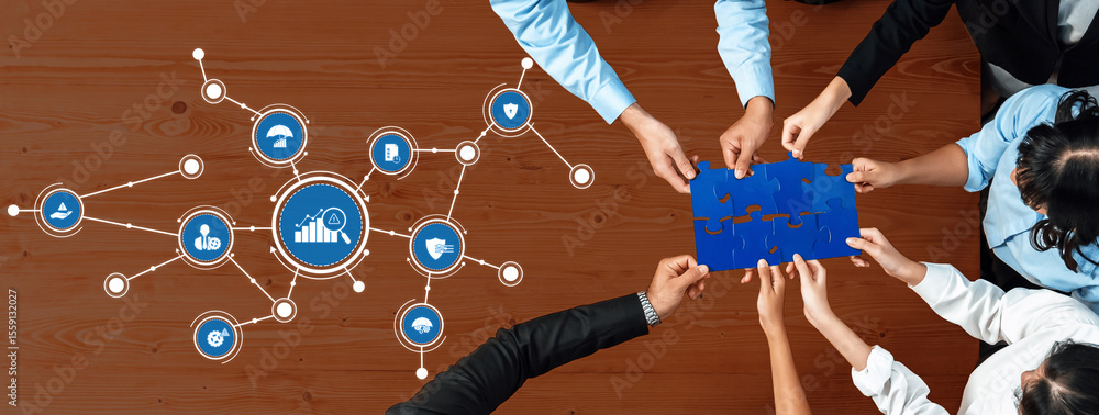 Poster a diverse team collaborates on a puzzle while analyzing data represented by graphs and icons, symbol