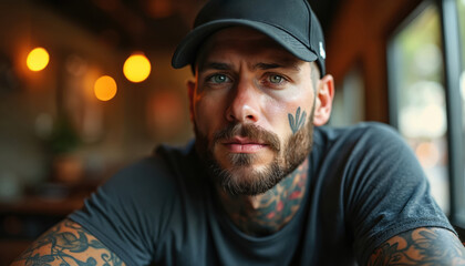 Portrait tattooed man wearing casual style black cap. Man with beard tattoo on face and neck, stylish, confident look at camera. Modern urban lifestyle.