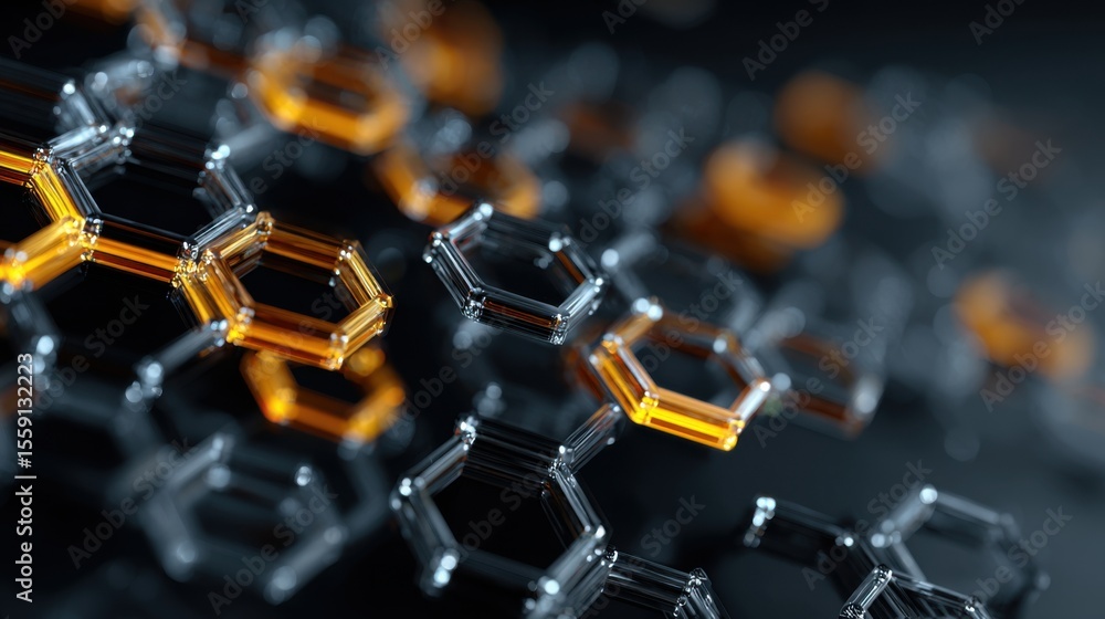Poster in a modern, abstract setting, hexagonal shapes interweave with a mix of orange and transparent mate
