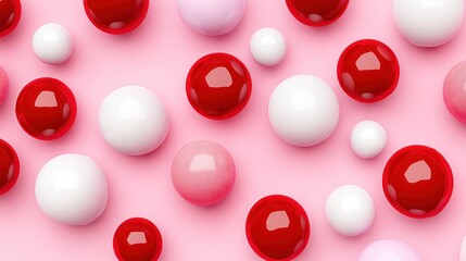 Playful Spheres: Red, White, and Pink Balls on a Pink Background