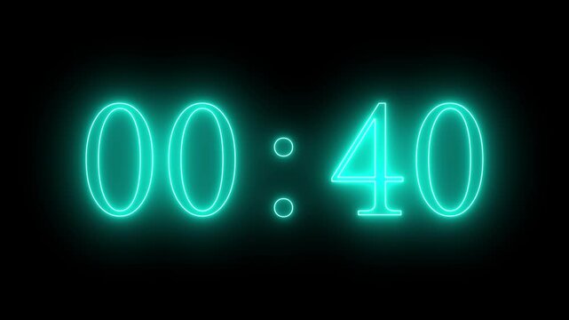 Neon digital 45 seconds countdown timer, colorful glowing 45 seconds countdown animation on black background.
