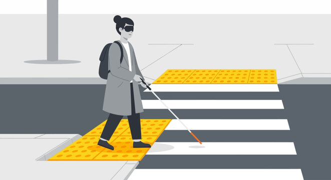 A blind person with a cane crossing a street using tactile paving.