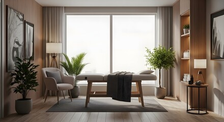 Fototapeta premium Serene Spa Interior with Massage Table, Plants, and Natural Light Ambiance.