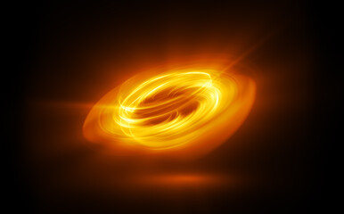 Glow swirl light effect. Circular lens flare. Abstract rotational lines. Power energy element. Luminous sci-fi. Shining neon lights. Swirl trail effect. Dynamic ellipse. Neon gradient. Golden illusion