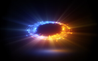 Glow swirl light effect. Circular lens flare. Abstract rotational lines. Power energy element. Luminous sci-fi. Shining neon lights. Magic arena. Swirl trail effect. Glint scene. Dynamic ellipse. Spin
