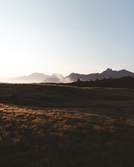 Sunrise mist over alpine meadow and silhouetted peaks beneath a clear, expansive sky
