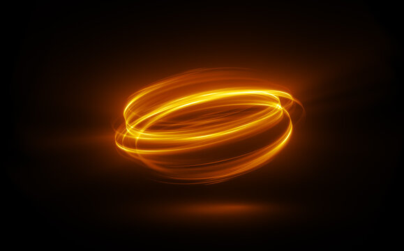 Glow swirl light effect. Circular lens flare. Abstract rotational lines. Power energy element. Luminous sci-fi. Shining neon lights. Swirl trail effect. Dynamic ellipse. Neon gradient. Golden illusion