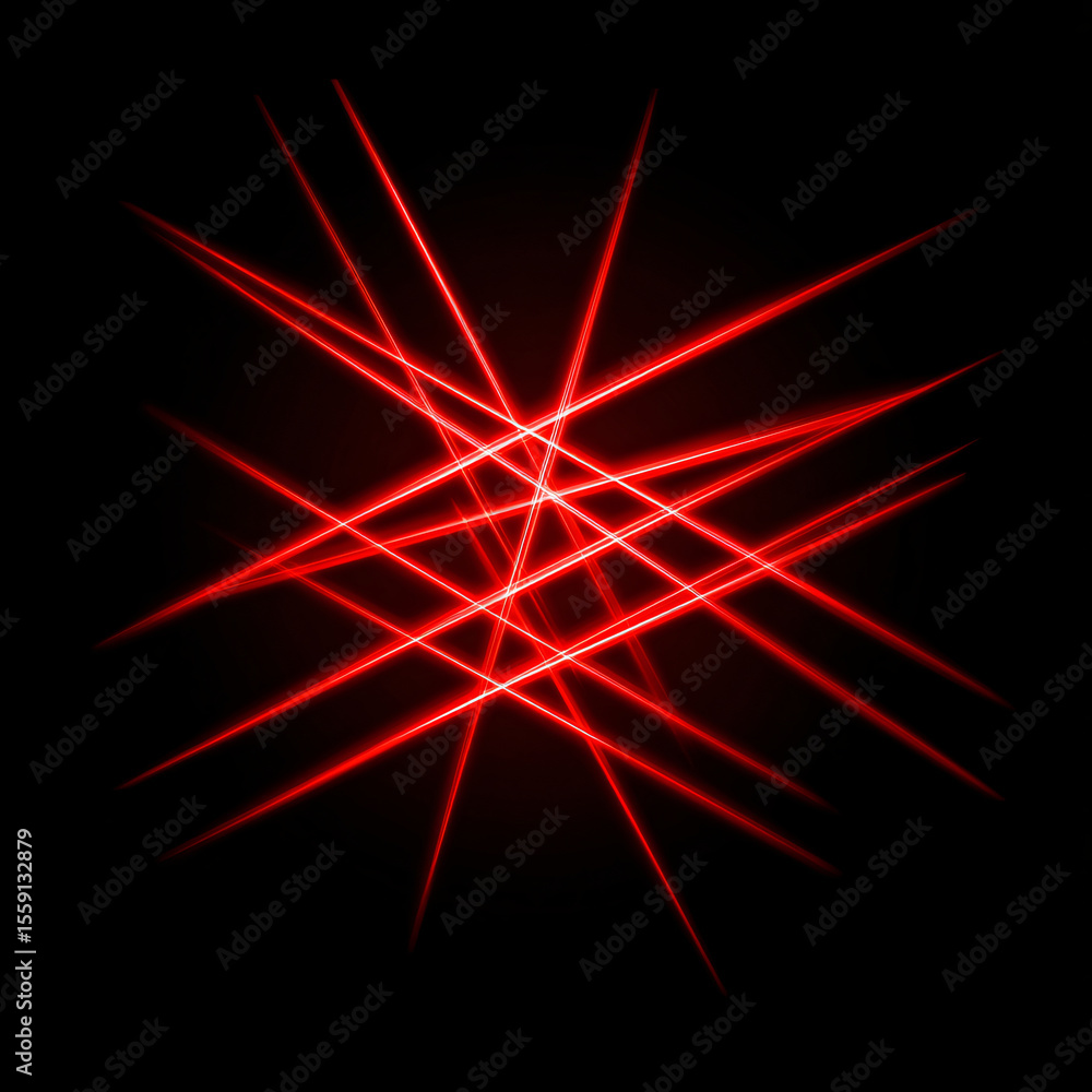 Poster several intersecting red straight lines in different positions. neon red light on isolated black bac