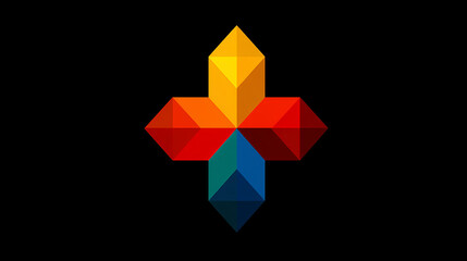 A vibrant geometric cross-like shape with faceted colorful planes stands out against a stark black background.