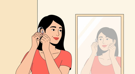 A woman adjusting earplugs in front of a mirror, a simple illustration of daily routine.