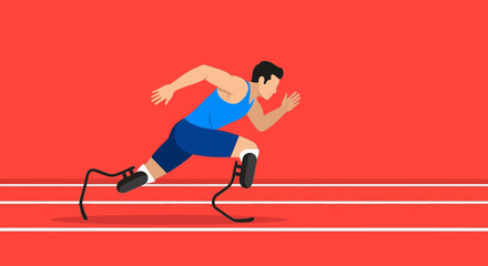Determined amputee sprinter powerfully strides forward on a running track, showcasing resilience and athleticism.