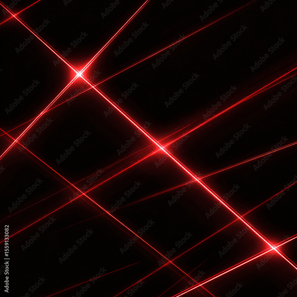 Poster several intersecting red straight lines in different positions. neon red light on isolated black bac