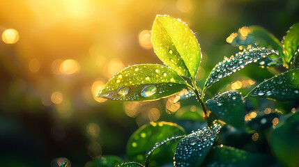 Vibrant green leaves shimmer with morning dew, bathed in the golden glow of a new day's sun.