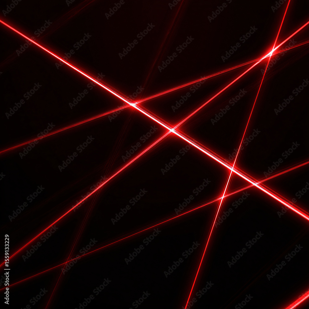 Poster several intersecting red straight lines in different positions. neon red light on isolated black bac