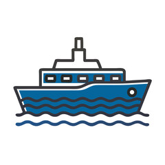 Obraz premium Ferry boat sailing on waves in blue color scheme 