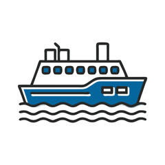 Fototapeta premium Ferry boat illustration in blue and black on waves 